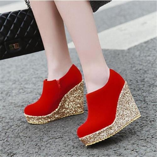 PXELENA New Elegant Flock Women Pumps Round Toe Platform Wedge High Heels Wedding Shoes Women Bling Sequined Black Red Plus Size