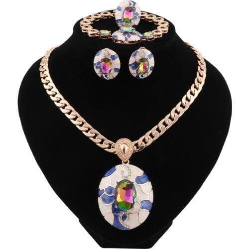 CYNTHIA Vintage Enamel Colorful Crystal Jewelry Sets For Women Elegant Pendant Necklace Earrings Bracelet Ring Anniversary Gift
