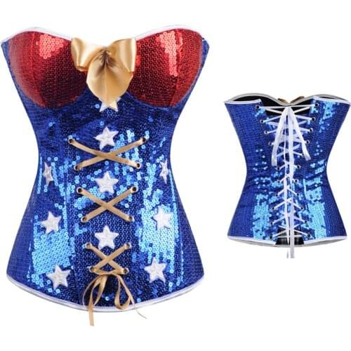 Navy Blue Sailor Sequin Sexy Corset Women Corset Top Plastic Boned Bustiers Halloween Overbust Lace Up Lingerie Partywear