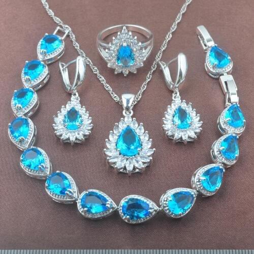 2020 New Band Sky Blue Zirconia Silver Color Jewelry Sets Womens Party Bracelet Necklace Pendant Earrings Ring YZ0393