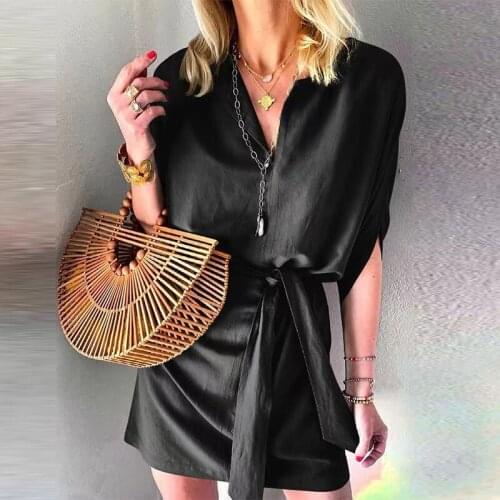 Women Elegant V Neck Loose Party Dress Female Summer Solid Lace-Up Belted Mini Dress Fashion Casual Half Sleeve Beach Dress 2021