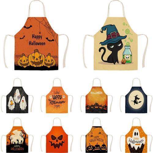 1Pc Kitchen Aprons Cotton Linen Bibs Household Trick or Treat/pumpkin Cat Witch Home Cooking Baking Waist Bib Pinafore WQ1706