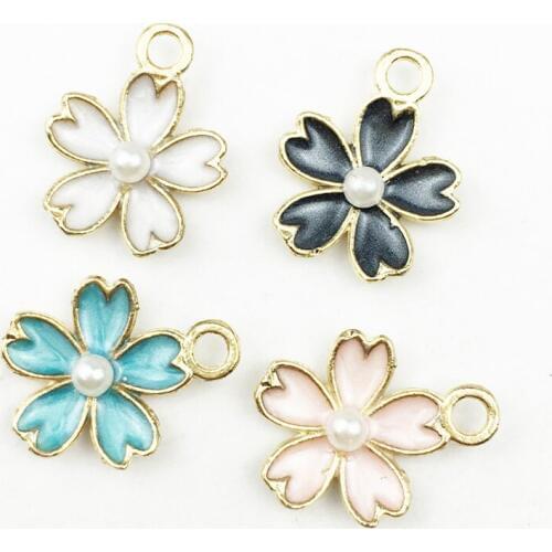 10pcs Pearl Flowers Enamel Charms Gold Alloy Drop Oil Flower Pendants For Bracelets Earring DIY Jewelry Meterial Making YZ042