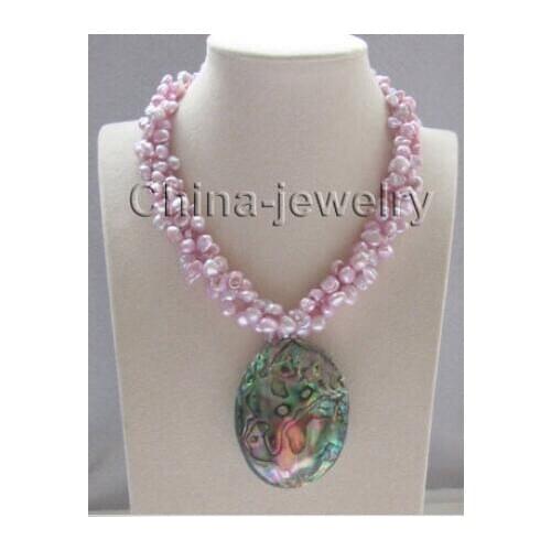 17 " 3row purple keshi reborn freshwater pearl necklace Abalone shell pendant