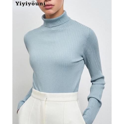 Yiyiyouni Basic Knitted Turtleneck Sweaters Women Autumn Winter Slim Fit Bottoming Pullovers Women Solid Cotton Knitwear Female