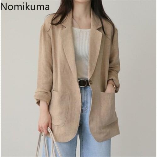 Nomikuma Cotton Linen Blazer Women 2021 New Arrival Ropa Mujer Solid Color Single Button Long Sleeve Jackets Casual All-match