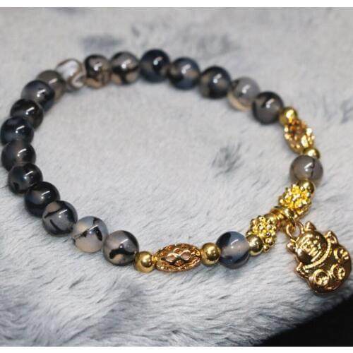 Black Dragon Veins Carnelian Agat Round Beads Strand Bracelet for Women Natural Stone Onyx 6mm Cat Pendant Jewelry 7.5inch B1967