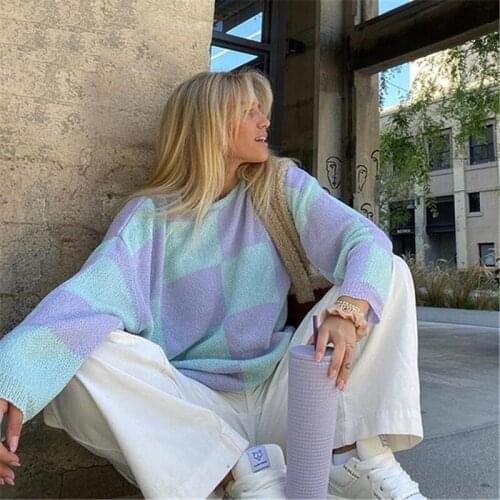 Breathable Girls Long Sleeve Knitwear Autumn Winter Ladies Double Color Plaid Round Collar Loose Knitted Tops Casual Sweaters