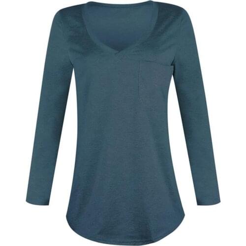 Sexy Women Solid Color Deep V Long Sleeve Top Front Pocket Loose Tunic T-shirt