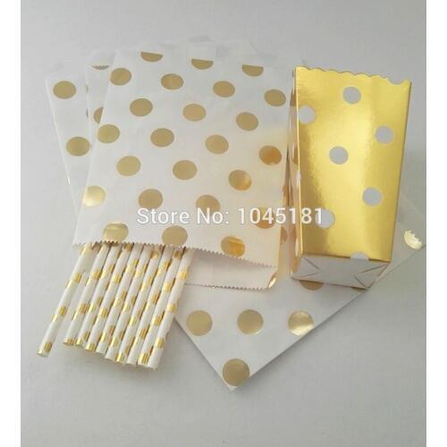 Ipalmay Gold Party Theme Drinking Supplies Paper Straws,Birthday Wedding Gift Packing Bags,Party Favor Foil Gold Popcorn Boxes