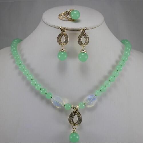 Harming WomenS Precious Jade Stone Necklace Earring Ring(7/8/9) Jewelr Set