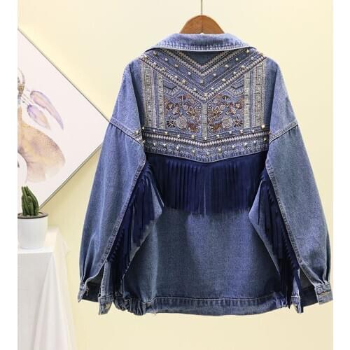 Handwork Rivet Embroidery Denim Jacket Women Streetwear Tassel Patch Veste Femme Loose Chaquetas Mujer Jeans Jacket Coat Female