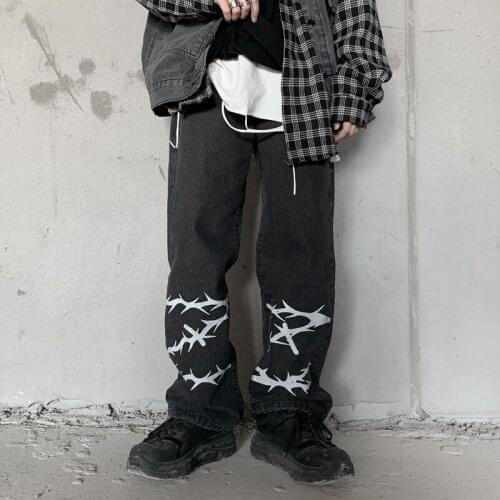 Spring And Autumn Mens And Womens Youth Popular Denim Trousers Korea Vintage Harajuku Hip-Hop Loose Thorn Print Wide-Leg Pants