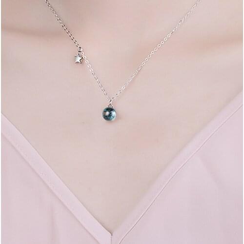 Star Blue Artificial Crystal Pendant Necklace Korean Fashion Trend Sweet Jewelry Small Roun Pendant Charm Necklace