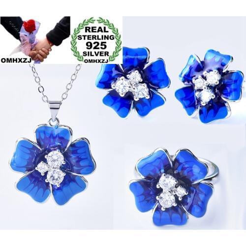 OMHXZJ Wholesale JE45 Fashion Woman Party Birthday Wedding Gift Flower 925 Sterling Silver Necklace+Earrings+Ring Jewelry Set