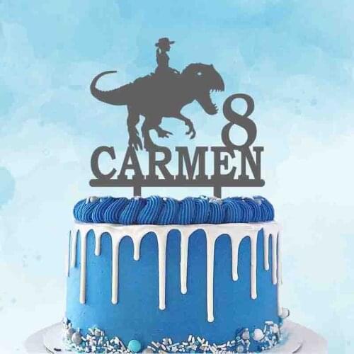 Personalized Dinosaur Cake Topper Custom Name Age Girl Riding Indominus Rex For Tyrannosaurus Theme Party Cake Decoration Topper