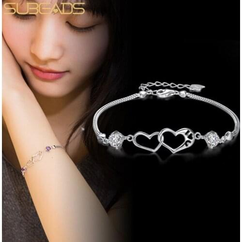 Subeads 925 Sterling Silver Crystal Double Heart Charms Bracelet For Women Girls Simple Box Chain Adjustable Bracelet Jewelry