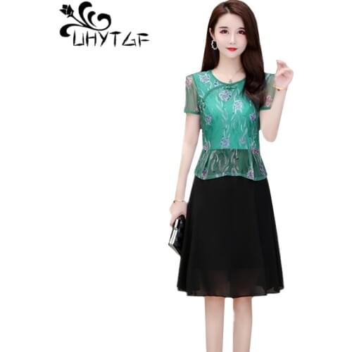 UHYTGF Fashion women 5XL plus size dress vintage chiffon cheongsam summer dress fake two-piece slim female elegant dresses 814