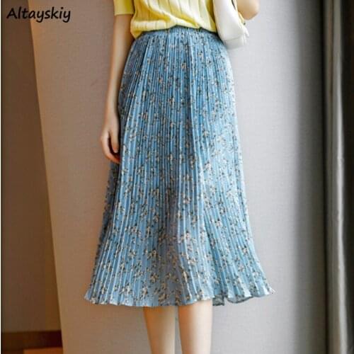 Skirts Women Summer New Elegant Fashion Korean Style Flower Pleated All-match Elastic Waist Female Casual Simple Holiday Retro