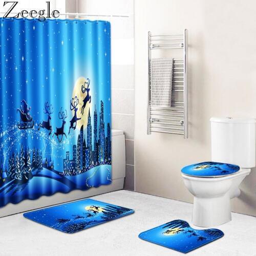 Zeegle Christmas Bath Curtain Shower Curtain Anti-slip Bathroom Carpet Set Toilet Rug Absorbent Shower Mat Washable Bath Mat Set