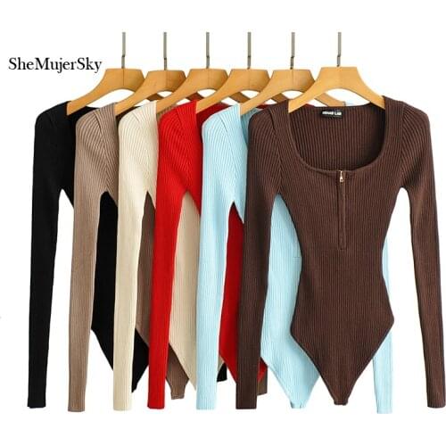 SheMujerSky Women Knitted Zipper Square Collar Bodysuits Elastic Slim Long Sleeve Solid Color Jumpsuits 2021 Sexy Tops
