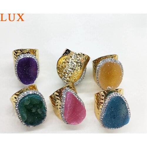 Gold Plating Natural colorful Druzy stone Ring Freeform Brilliant Drusy Gems Geode Jewelry CZ rhinestone paved design for girls