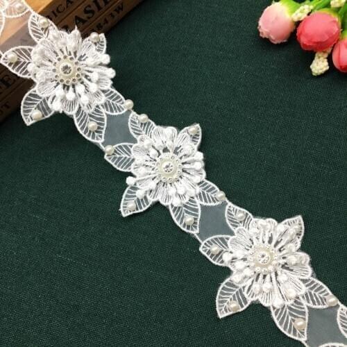 1 Yd Polyester 3D Diamond Pearl Flower Embroidered Lace Edge Trim Ribbon Fabric Applique Sewing Craft For Costume Hat Decoration