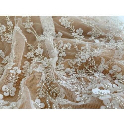 1 yard Heavy Bead Tulle Lace Fabric With Florals For Bridal Dress Beaded Flowers Tulle Lace Fabric