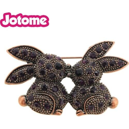 100pcs/lot Gorgeous Dark Purple Crystal Kissing Rabbit Bunny Hare Easter Brooch Pin
