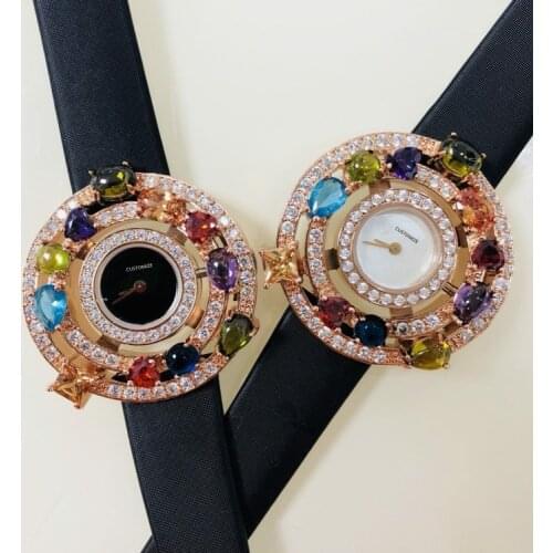 2 colors Luxury Brand Genuine Leather Watch muti color stone Quartz Wrist watch Women round colorful stone watch stainless steel