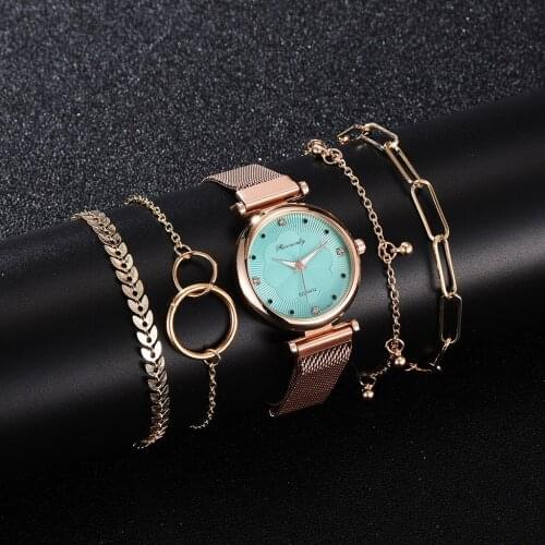 Reloj Mujer 5pcs Set Womens watches Luxury Fashion watch Magnet buckle Rhinestone Flower Ladies Quartz Wristwatch Bracelet Set