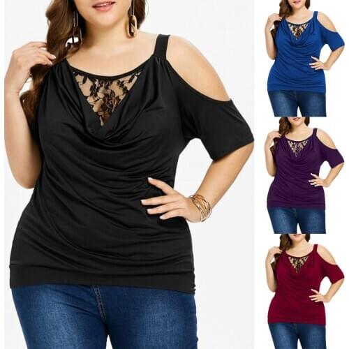 5xl Plus Size Solid Blouse Womens Lace Patchwork Hollow Out Shirt Round Neck Casual Tunic Top Casual Summer Shirts Блуза Женская