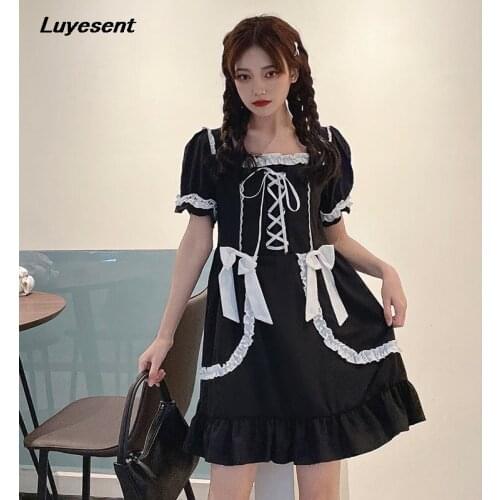 Black White Lolita Lady Plus Size Empire Dresss Summer A-line Women Pleat Mini Dresses Lace-up Ruffles Bow Korean Fashion Cloth