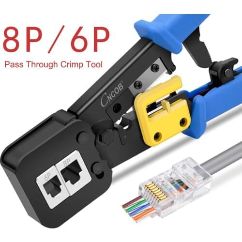 CNCOB RJ45 Crimper for Pass-Through RJ11/RJ12/RJ45 connectors Cutter Stripper CAT5e/CAT6 Network Cable Wire Crimping Tool