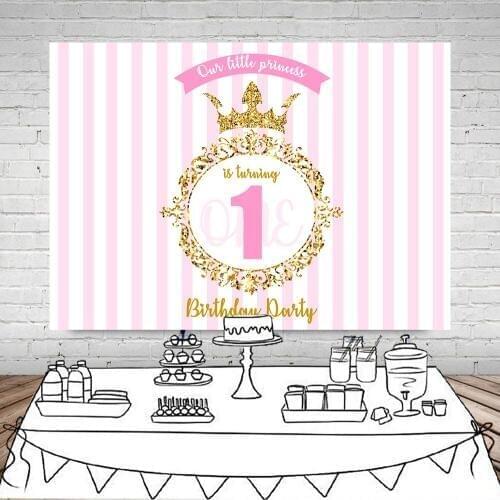 1st Birthday backdrop for Photography for girls boys Pink blue stripes gold crown photo background party decoration cake samsh