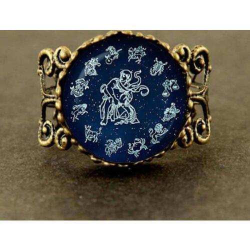 2017 New Trendy Aquarius Ring Zodiac Sign Astrological Water-bearer Jewelry Glass Blue Moon Ring Birthday Gift