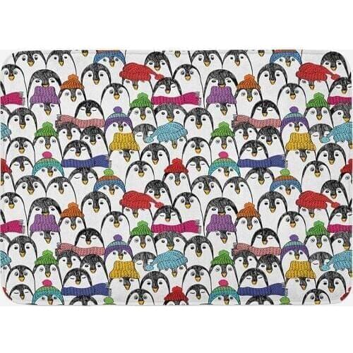 Sea Animals Bath Mat Pattern Cute Penguins in ful Hats and Scarfs Cold Winter Fun Art Plush Bathroom Mat