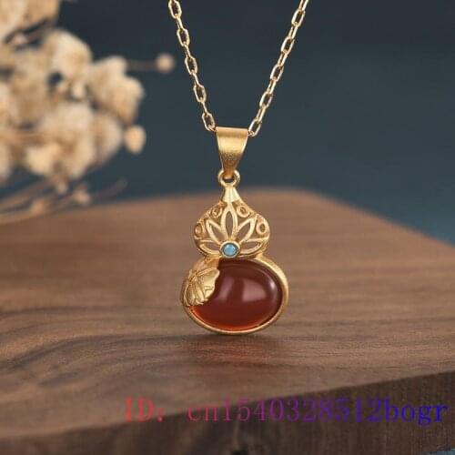 Red Jade Gourd Pendant Amulet Charm Natural Zircon Chinese Necklace Chalcedony 925 Silver Gemstone Women Gifts Crystal Jewelry