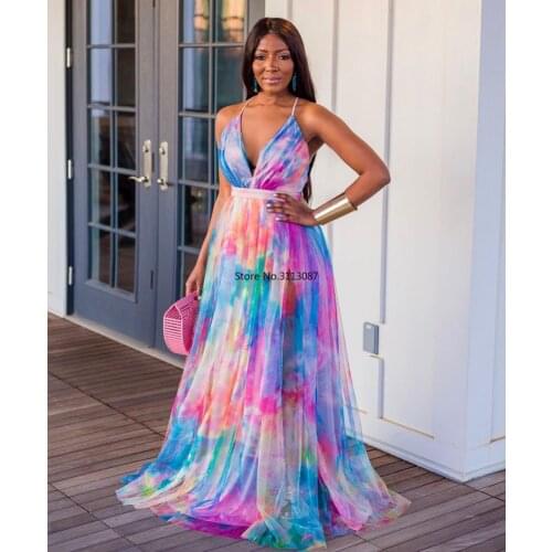 Polyester Summer African Women V-neck Sleeveless Printing Long Dress African Dresses for Women Plus Size Clothing for Women
