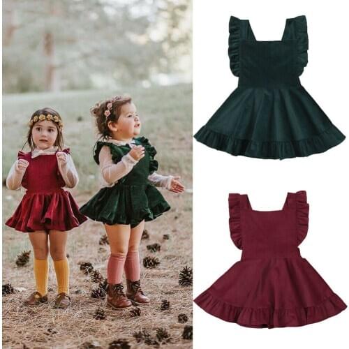 Toddler Kid Baby Girls Cute Princess Dresses Corduroy Strap Sleeveless Solid Ruffle Party Dress Clothes for 6M-5T