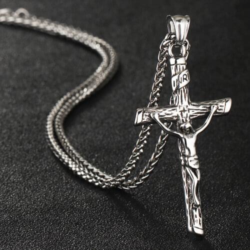 Crucifix Pendant Necklaces Men Stainless Steel Cross Necklace Prayer Religious Jesus Catholic Neckless Sturdy Silver Color Chain