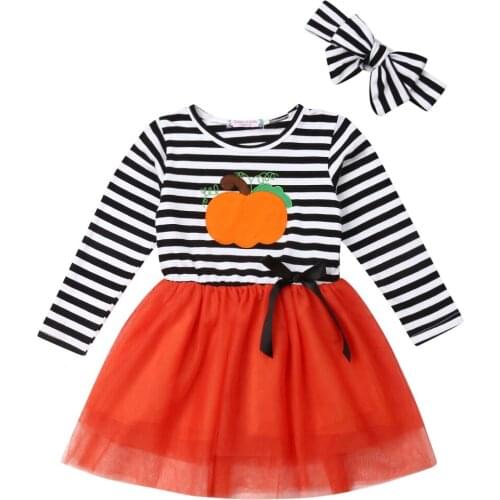 2018 New Halloween Party 1-6Y Pretty Toddler Baby Girls Dress Cartoon Print Striped Lace Knee-Length Tutu Dress+Headband