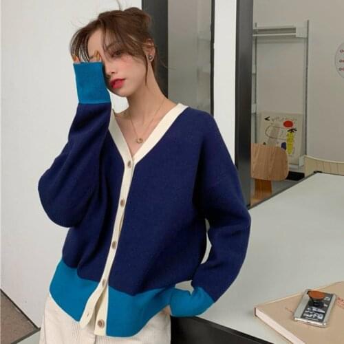 Autumn 2021 Loose Color Matching Simple V-neck Sweater Cardigans Coat Korean Fashion College Large Size Knitted Sweater Female