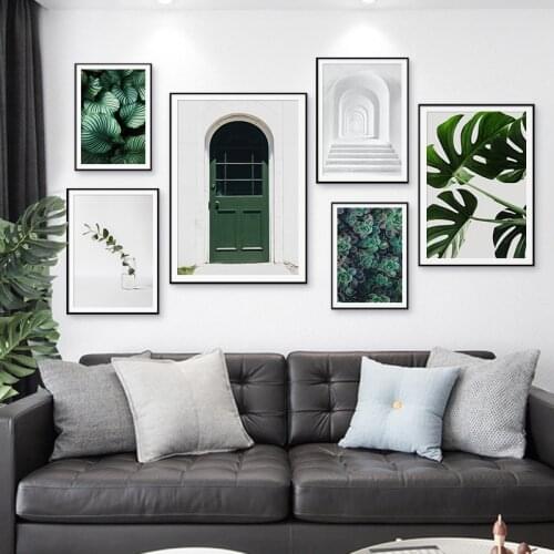 Green Leaf Canvas Poster White Arched Building Print Scandinavian Painting Wall Art Decorative Picture Modern Living Room Decor