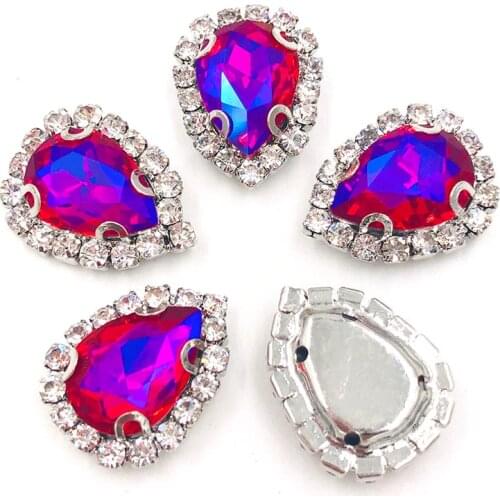 New arrival Teardrop shape Red AB flatback glass Crystal button sliver setting sewing rhinestones for clothing/wedding dress