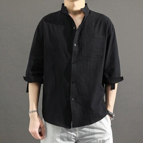New Fashion Men Large Size Cotton and Linen Henry Shirt 3/4 Sleeve Casual Stand-Up Collar Breathable Solid Color Button Shirt
