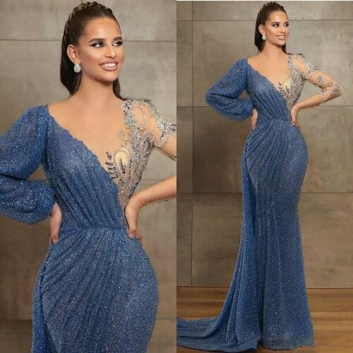 Blue Evening Gowns Sheer Jewel Neck Beaded Lace Long Sleeve Mermaid Prom Dress Sweep Train Custom Made Illusion Robes De Soirée