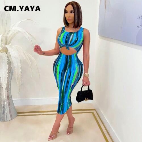 CM.YAYA Women Dress Print Sleeveless O-neck Hollow Out Stretchy Bodycon Pencil Midi Dresses Sexy Fashion Vestidos Summer Outfits