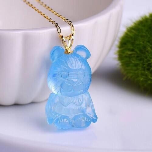 Light Blue Natural Crystal Pendants Hand Carved Bear Pendant Clavicle Chain Necklace Lucky for Women men Gift Fashion Jewelry