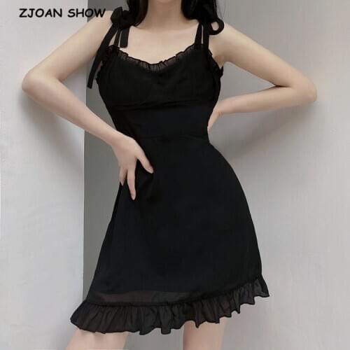 France Style Vintage Black Wood ears Ruffled Lace Sling Slim Temperament Dress